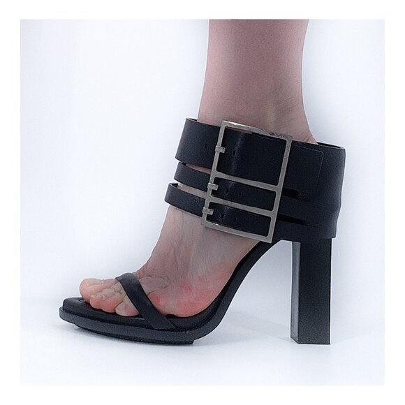 VERSUS by VERSACE Black Side Buckle Leather Sandals - Picture 1 of 12